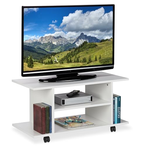 Relaxdays TV Board mit Rollen, 4 offene Ablagen, fahrbarer Couchtisch, für Geräte, CDs, DVDs, HBT 40 x 80 x 40 cm, weiß von Relaxdays