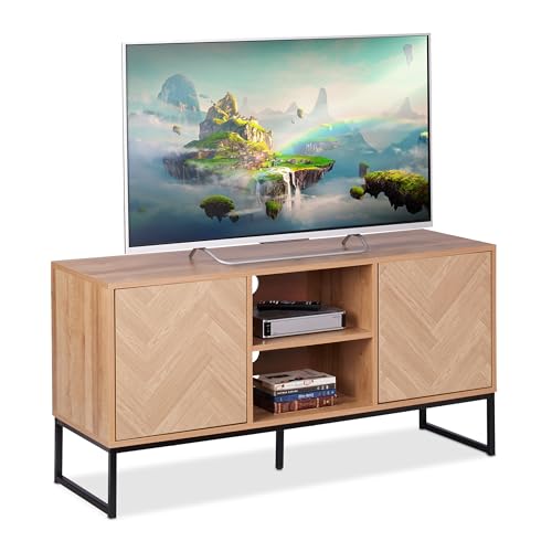 Relaxdays TV Lowboard, Retro-Design, HBT: 60 x 120 x 38 cm, Holzoptik, Metall, 4 Fächer, Fernsehtisch, Hellbraun/schwarz von Relaxdays