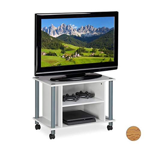 Relaxdays TV Tisch mit Rollen, 2 Fächer, Fernseher Ablage, Fahrbarer Fernsehtisch, HxBxT: 45 x 60 x 40 cm, weiß-Silber von Relaxdays