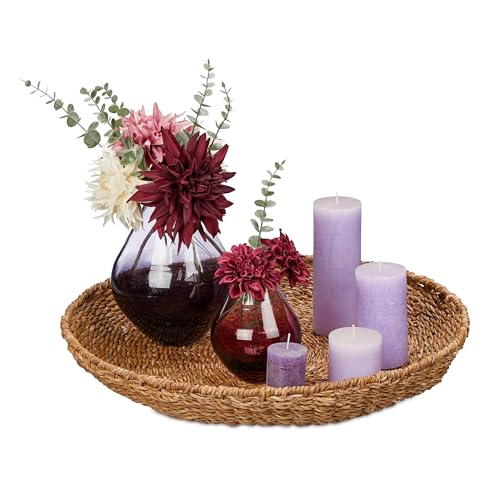 Relaxdays Tablett, aus Seegras, rundes Dekotablett, geflochtenes Design, Kerzen, HxD: 8 x 55 cm, Flechttablett, Natur von Relaxdays
