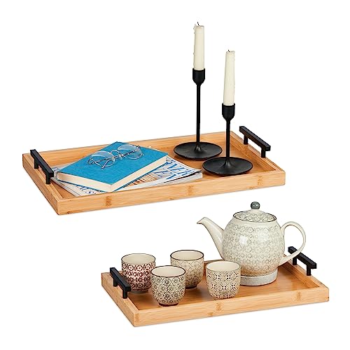 Relaxdays Tablett 2er Set Bambus, HBT: 7x50x30 cm & 7x43x26 cm, Serviertablett, Griffe, hoher Rand, Küchentablett, Natur von Relaxdays