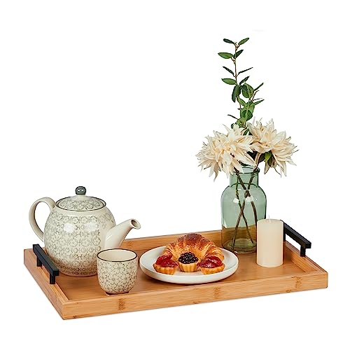 Relaxdays Tablett Bambus, HBT: 7 x 50 x 30 cm, Serviertablett mit Griffen, hoher Rand, Küchentablett rechteckig, Natur von Relaxdays