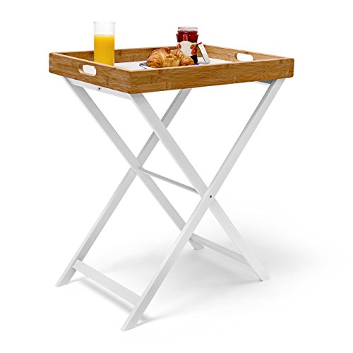 Relaxdays Tabletttisch Bambus H x B x T: ca. 72 x 60 x 40 cm Beistelltisch mit Tablett als Klapptisch und Serviertablett aus Bambus und Holz zum Servieren beim Frühstücken als Tablettständer, weiß von Relaxdays