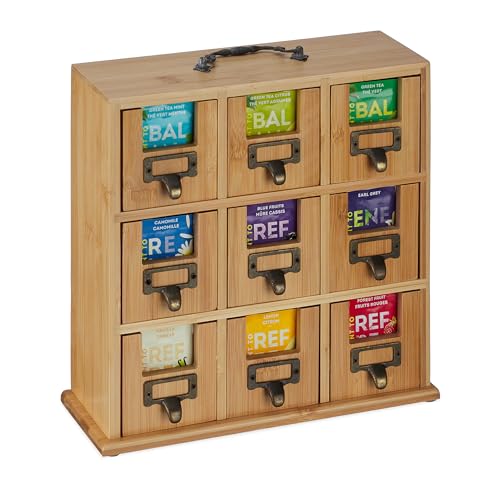 Relaxdays Tee Organizer, 9 Fächer, Bambus, HxBxT: 29 x 30 x 11,5 cm, zum Hinstellen o. Aufhängen, Teeaufbewahrung, Natur von Relaxdays