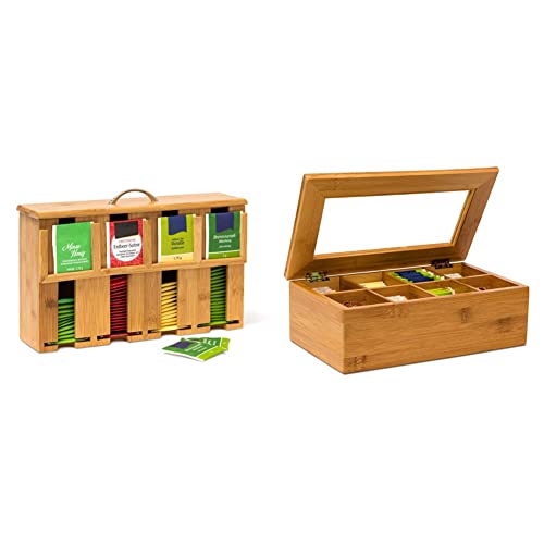 Relaxdays Teebeutelspender aus Bambus, 22 x 33 x 10 cm, natur & Teebox aus Bambus H x B x T: ca. 9 x 28 x 16 cm Teekasten mit 8 Fächern Teebeutelbox aus Holz mit Deckel samt Sichtluke Teekiste, natur von Relaxdays