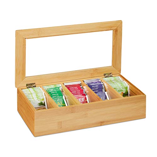 Relaxdays Teebox, 5 Fächer, Bambus, Teekiste mit Sichtfenster, Teebeutel, Kaffeepads, Teekasten HxBxT: 9x37x20 cm, natur, 10032168 Relaxdays Teebox, 5 Fächer, Bambus, Teekiste mit Sichtfenster, Teebeutel, Kaffeepads, Teekasten HxBxT: 9x37x20 cm, natur, 10032168 von Relaxdays