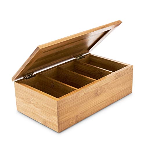 Relaxdays Teebox HBT: 9 x 28,5 x 16 cm Teekiste aus Bambus mit aufklappbarem Deckel Teedose mit 4 Fächern für circa 80 Teebeutel als Teebeutelbox und Schmuckkästchen aus Holz kein Aromaverlust, natur von Relaxdays