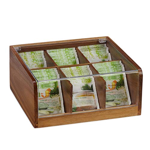 Relaxdays Teebox Holz, 6 Fächer, 90 Teebeutel, Teedose mit Klappdeckel, Aromaschutz, HxBxT 9,5 x 22 x 20,5 cm, natur von Relaxdays