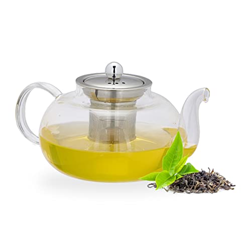 Relaxdays Teekanne mit Siebeinsatz, 1 Liter, Borosilikatglas, Edelstahl, Glaskanne für losen Tee, transparent/silber von Relaxdays