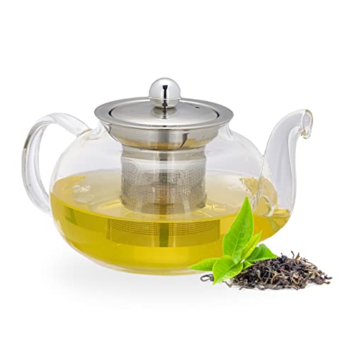 Relaxdays Teekanne mit Siebeinsatz, 600 ml, Borosilikatglas, Edelstahl, Glaskanne für losen Tee, transparent/silber von Relaxdays