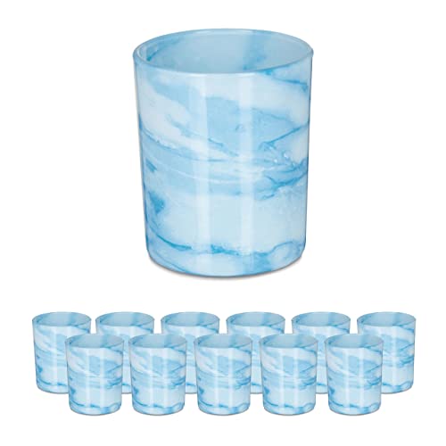 Relaxdays Teelichtgläser, 12er Set, Teelichthalter aus Glas, Schlichtes Design, H x D: 8,5 x 7 cm, Deko, blau/Creme von Relaxdays