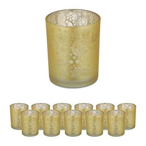Relaxdays Teelichtgläser, 12er Set, Teelichthalter aus Glas, Weihnachten, Votivgläser, H x D: 8,5 x 7 cm, Deko, gold von Relaxdays