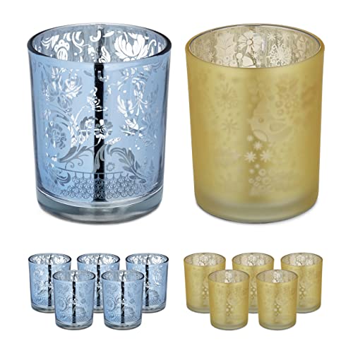 Relaxdays Teelichtgläser, 12er Set, Teelichthalter aus Glas, ganzjährig, Votivgläser, HxD: 8,5 x 7 cm, Deko, gold/silber von Relaxdays