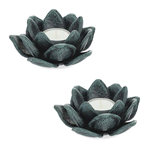 Relaxdays Teelichthalter, 2er Set, Lotusblüten-Form, Kerzenhalter Gusseisen, drinnen & draußen, HxD: 5,5 x 11 cm, grün von Relaxdays