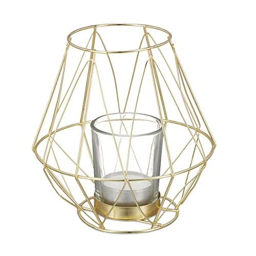 Relaxdays Teelichthalter, geometrisches Design, Kerzenhalter mit Votivglas, Metall, Kerzenständer, Gold, 14 x 14 x 14 cm von Relaxdays