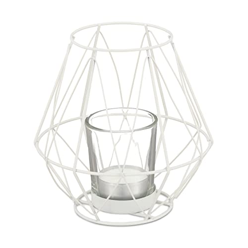 Relaxdays Teelichthalter, geometrisches Design, Kerzenhalter mit Votivglas, Metall, Kerzenständer, weiß, 14 x 14 x 14 cm von Relaxdays