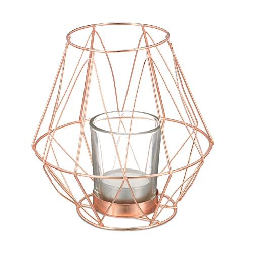 Relaxdays Teelichthalter, geometrisches Design, Kerzenhalter mit Votivglas, Metall, Kerzenständer, HxD: 14x14 cm, Kupfer von Relaxdays