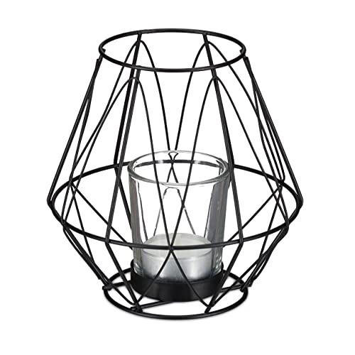 Relaxdays Teelichthalter, geometrisches Design, Kerzenhalter mit Votivglas, Metall, Kerzenständer, HxD 14x14 cm, schwarz von Relaxdays