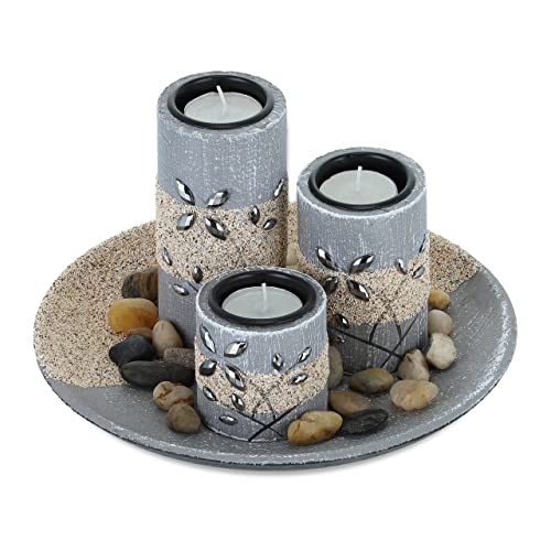 Relaxdays Teelichthalter Set, runde Dekoschale, mit Teelichtern und Steinen, Tischdeko Wohnzimmer, Esszimmer, grau/Sand von Relaxdays