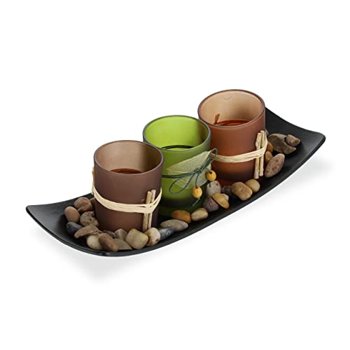 Relaxdays Teelichthalter Set mit Tablett, 25,5 cm lang, 3 Teelichter, Steine, Tischdeko Wohn- und Esszimmer, mehrfarbig von Relaxdays