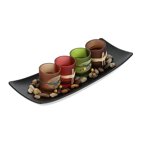Relaxdays Teelichthalter Set mit Tablett & Steinen, 34 cm lang, Tischdeko Wohnzimmer, Esszimmer, 4 Teelichtgläser, bunt von Relaxdays