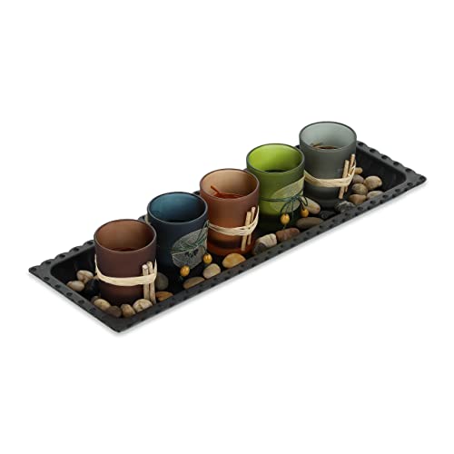 Relaxdays Teelichthalter Set mit Tablett & Steinen, 38,5 cm lang, Tischdeko Wohnzimmer, Esszimmer, Kerzengläser, bunt von Relaxdays
