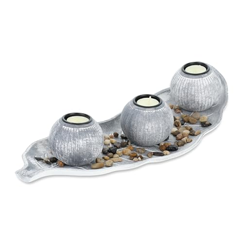 Relaxdays Teelichthalter Set mit Tablett & Steinen, 50 cm lang, Tischdeko Wohnzimmer, Esszimmer, Kerzenhalter, grau/weiß von Relaxdays