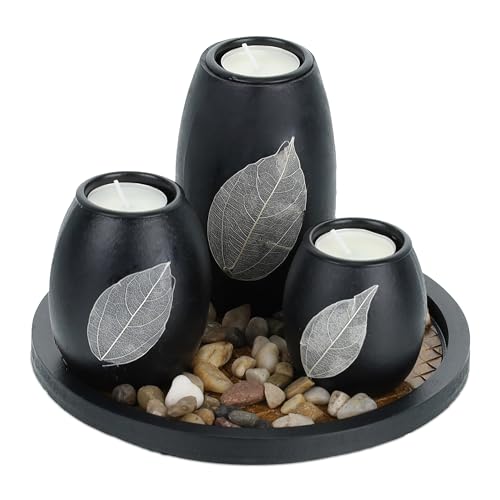 Relaxdays Teelichthalter Set mit Tablett & Steinen, Ø 19,5 cm, Tischdeko Wohn-& Esszimmer, Kerzenhalter, schwarz/braun von Relaxdays