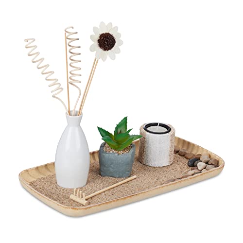 Relaxdays Teelichthalter Set mit Zen Garten, Kerzentablett, Sand & Steine, Kunst-Sukkulente, Tischdeko Wohnzimmer, bunt von Relaxdays