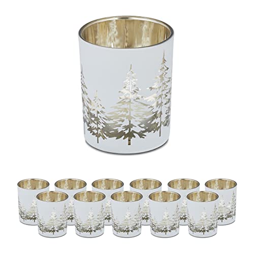 Relaxdays Teelichthalter im 12er Set, mit Tannenbaum-Motiv, HxD: 8,5 x 7 cm, Weihnachts-Windlicht aus Glas, weiß-gold von Relaxdays