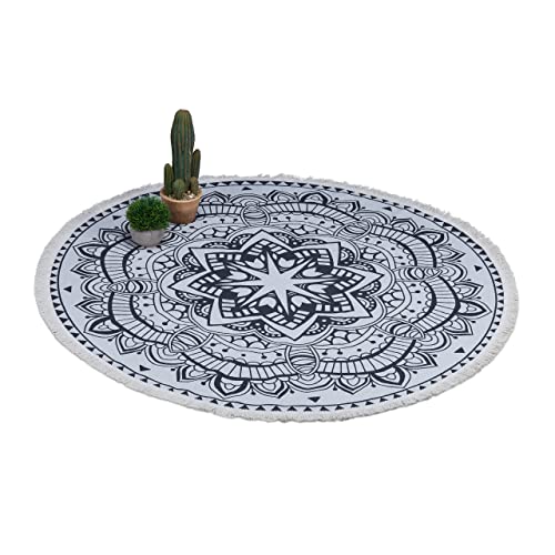 Relaxdays Teppich rund, Boho-Teppich im Mandala-Design, Ø 120 cm, Baumwollteppich mit Fransen, rutschfest, Creme/schwarz von Relaxdays