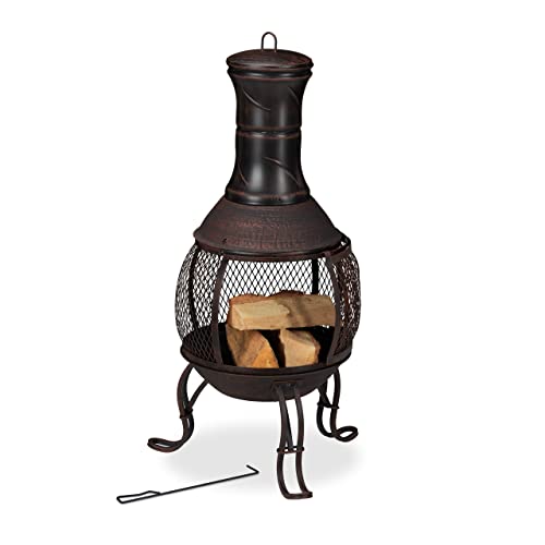 Relaxdays Terrassenofen, Stahl & Gusseisen, HxD: 88 x 36 cm, Gartenkamin Funkenschutz, Chiminea, Aztekenofen, rot/Bronze von Relaxdays