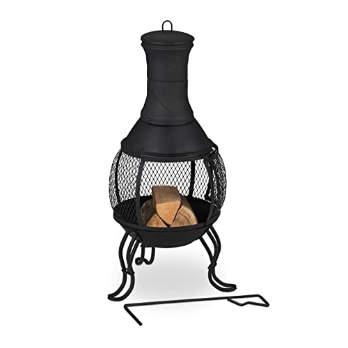 Relaxdays Terrassenofen, Stahl & Gusseisen, HxD: 88 x 36 cm, Gartenkamin Funkenschutz, Feuerstelle, Aztekenofen, schwarz von Relaxdays