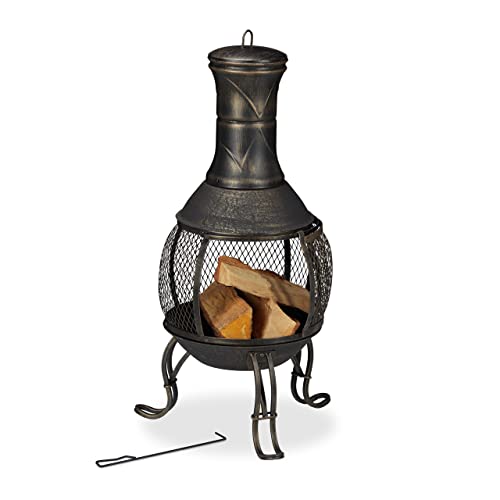 Relaxdays Terrassenofen, Stahl & Gusseisen, HxD: 88x36 cm, Gartenkamin Funkenschutz, Chiminea, Aztekenofen, schwarz/Gold von Relaxdays