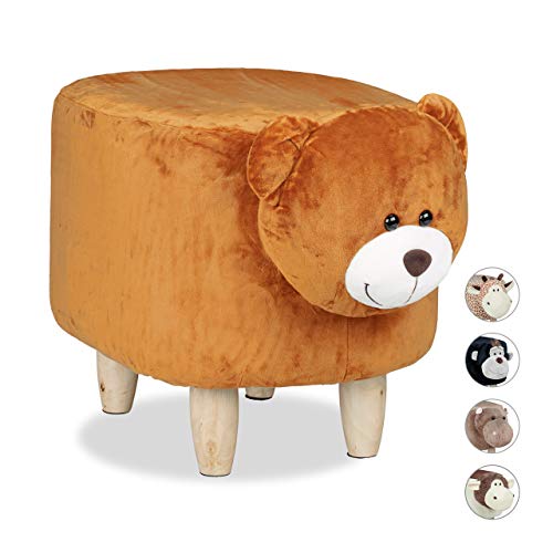 Relaxdays Tierhocker Bär, für Kinder, gepolstert, niedlicher Dekohocker mit Tiermotiv, aus Holz, mit Schonbezug, braun, H x B x T: ca. 35 x 32 x 40 cm von Relaxdays