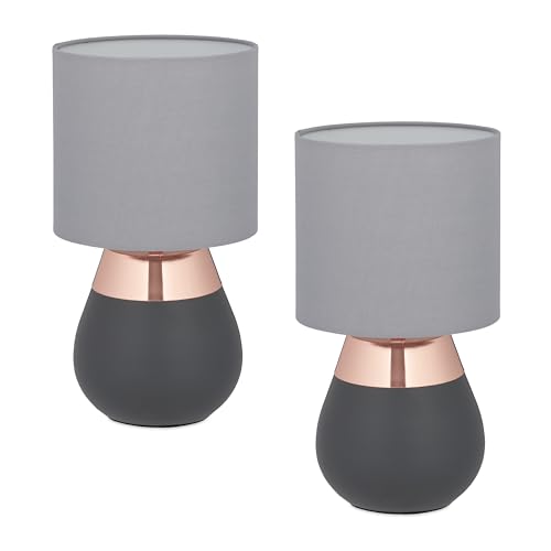 Relaxdays Tischlampe, 2er Set, Metallfuß, Stoffschirm, E14, H x D: 32 x 18 cm, Nachttischlampe mit Kabel, grau/Kupfer Relaxdays Tischlampe, 2er Set, Metallfuß, Stoffschirm, E14, H x D: 32 x 18 cm, Nachttischlampe mit Kabel, grau/Kupfer von Relaxdays