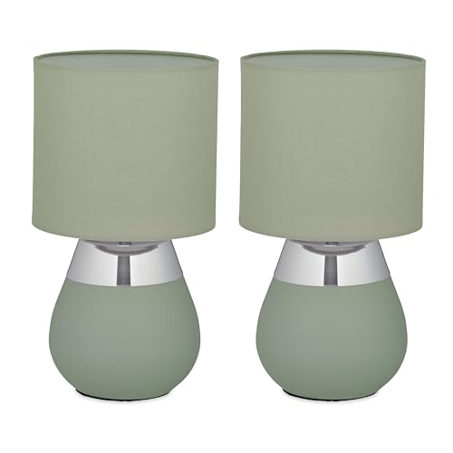 Relaxdays Tischlampe, 2er Set, Metallfuß, Stoffschirm, E14, H x D: 32 x 18 cm, Nachttischlampe mit Kabel, grün/Silber von Relaxdays