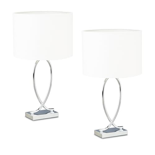 Relaxdays Tischlampe, 2er Set, Metallfuß & Stoffschirm, E27, HBT: 51x28x18 cm, Nachttischlampe Schlafzimmer, Silber/weiß von Relaxdays