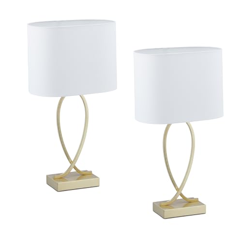 Relaxdays Tischlampe, 2er Set, Metallfuß & Stoffschirm, E27, HxBxT: 51x28x18 cm, Nachttischlampe Schlafzimmer, Gold/weiß Relaxdays Tischlampe, 2er Set, Metallfuß & Stoffschirm, E27, HxBxT: 51x28x18 cm, Nachttischlampe Schlafzimmer, Gold/weiß von Relaxdays