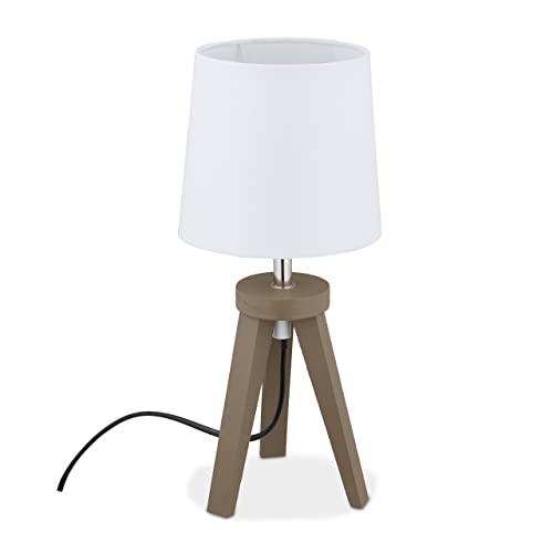 Relaxdays Tischlampe, Dreibein, Holz & Stoff, skandinavisches Design, E14, HxD: 31 x 14 cm, Nachttischlampe, weiß/braun von Relaxdays
