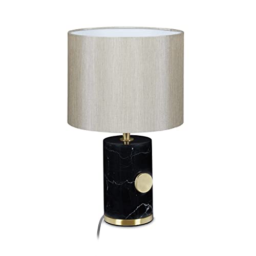 Relaxdays Tischlampe, Marmorfuß & Stoffschirm, E14-Fassung, dimmbare Nachttischlampe, H x D: 34,5 x 21 cm, schwarz/beige von Relaxdays