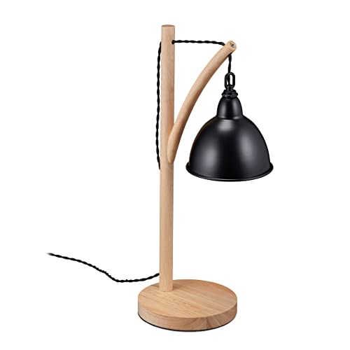 Relaxdays Tischlampe, hängender Metallschirm, Holz, E14, HBT 52 x 18 x 26 cm, Industrial Style, Nachttischlampe, schwarz von Relaxdays