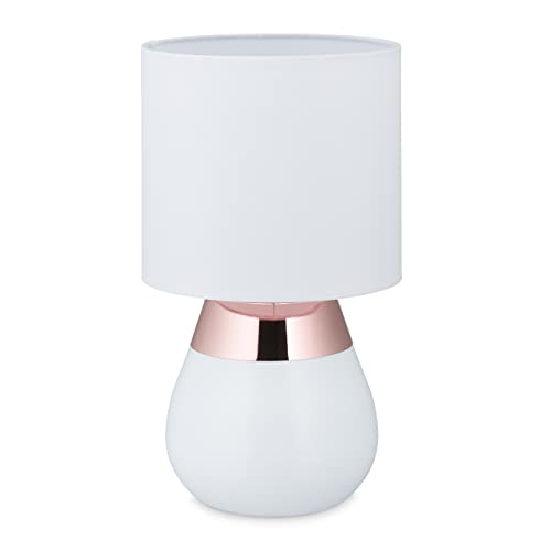 Relaxdays Tischlampe, ovale Nachttischlampe mit Touch, H x D: 33 x 18 cm, E14, Tischleuchte mit Stoffschirm, weiß/kupfer von Relaxdays