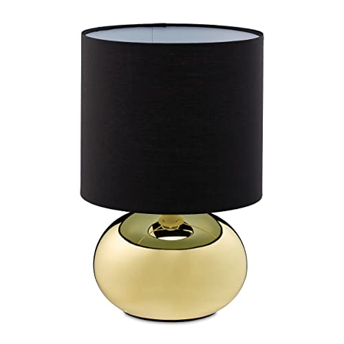 Relaxdays Tischlampe, runde Nachttischlampe mit Touch, HxD 27,5 x 18 cm, E14, Tischleuchte mit Stoffschirm, gold/schwarz von Relaxdays