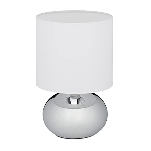Relaxdays Tischlampe, runde Nachttischlampe mit Touch, HxD: 27,5 x 18 cm, E14, Tischleuchte mit Stoffschirm, silber/weiß von Relaxdays