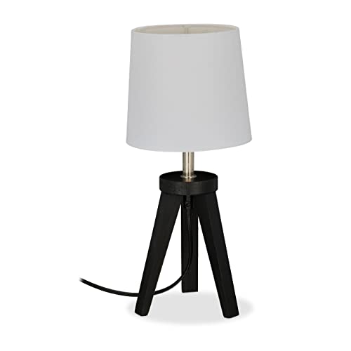 Relaxdays Tischlampe Dreibein, Holz & Stoff, E14, Schirmlampe Wohnzimmer, HxD: 31 x 14 cm, Nachttischlampe, schwarz/weiß von Relaxdays