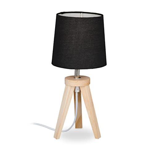 Relaxdays Tischlampe Dreibein, Holz & Stoff, E14, skandinavisches Design, HxD 31 x 14 cm, Nachttischlampe, natur/schwarz von Relaxdays