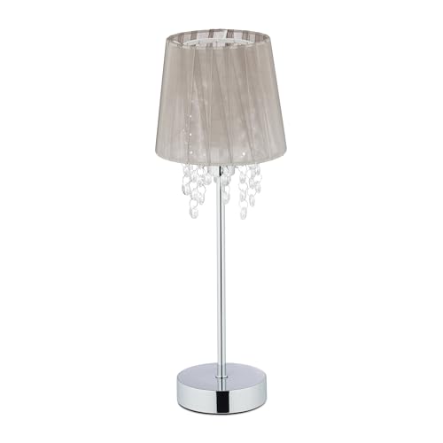 Relaxdays Tischlampe Kristall, Lampenschirm aus Organza, runder Standfuß, Nachttischlampe, HxD 41 x 14,5 cm, grau/silber von Relaxdays