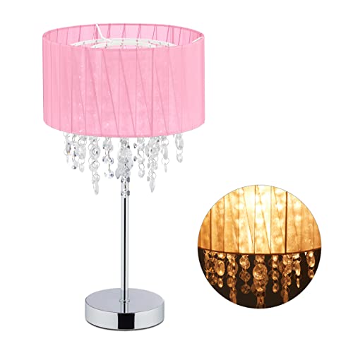 Relaxdays Tischlampe Kristall, Lampenschirm aus Organza, runder Standfuß, Nachttischlampe, HxD 43 x 24 cm, rosa/silber von Relaxdays