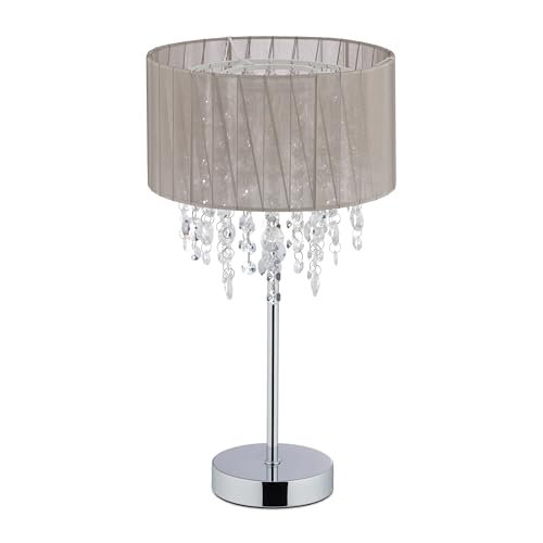 Relaxdays Tischlampe Kristall, Lampenschirm aus Organza, runder Standfuß, Nachttischlampe, HxD: 43 x 24 cm, grau/silber von Relaxdays